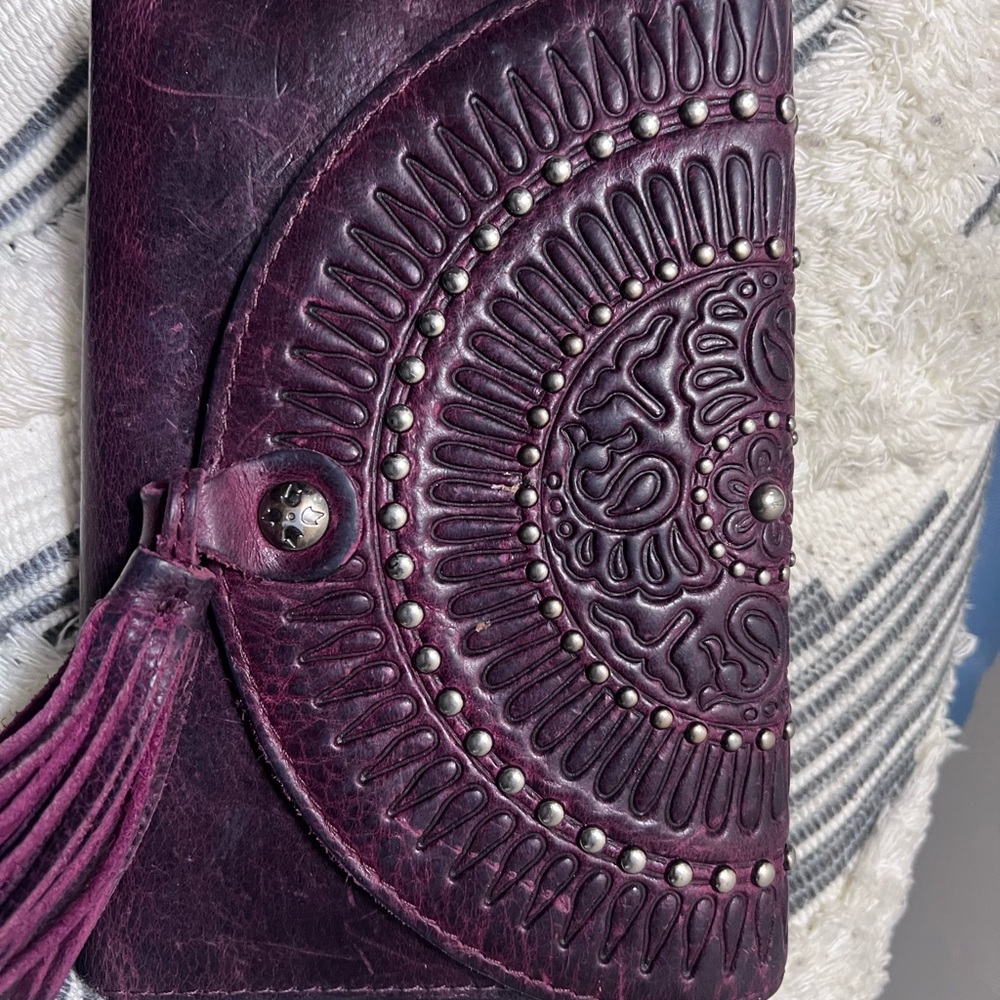 Purple Embossed Leather Clutch with Tassel